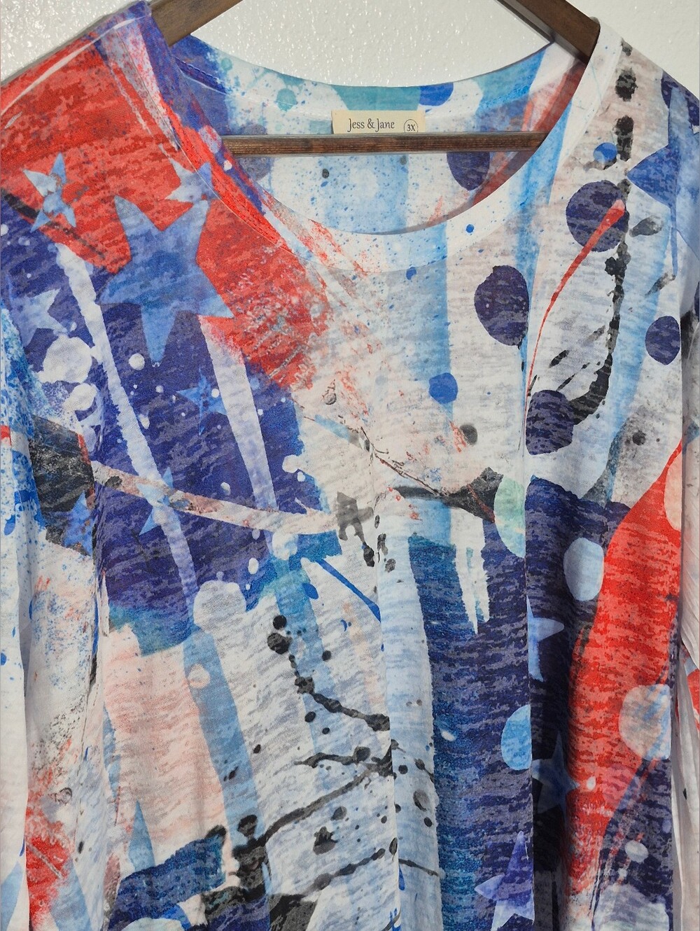 Jess & Jane Tunic Womens 3X White Blue Patriotic Americana Burnout Artsy Boho LS - Picture 2 of 5